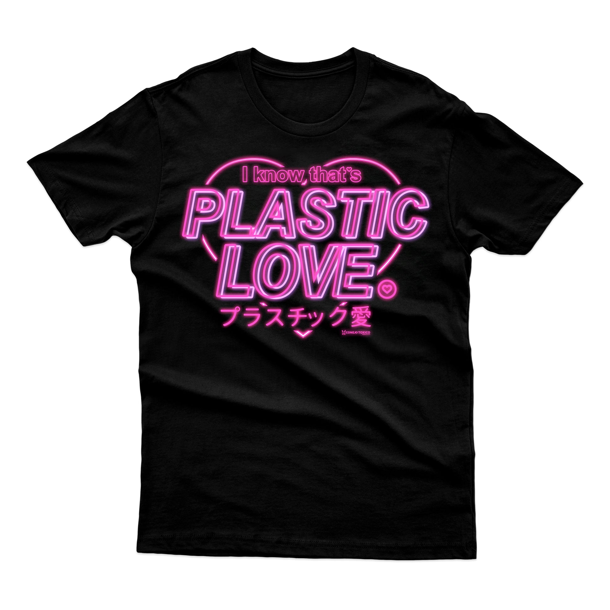 Playera negra  Plastic Love City Pop  con estampado frente central , manga corta unisex y cuello redondo, confeccionada en tejido de 100% algodón.